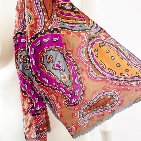 Oscar De La Renta Orange Pink Multicolor Paisley Print Silk Scarf - Picture 4 of 4